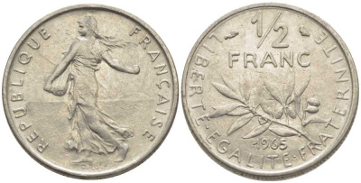 Франция 1/2 франка 1965 сеятель KM 931, Le Franc 198.3 никель 175-925