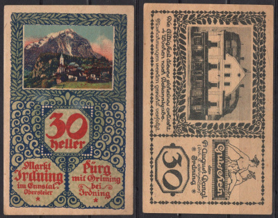Австрия, Ирднинг 30 геллеров (1919-1934) Нотгельд, гора Гримминг Jaksc/Pick 0416-30 бумага 7555-4-2-1