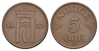 Норвегия 5 эре 1953 Хокон VII (1905-1957) KM 400 бронза 4635-544