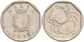 Мальта 5 центов 1993 краб KM 95 медно-никель 4588-131