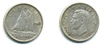 Канада 10 центов 1943 Георг VI (1936-1952), парусник KM 34 серебро 46-1242