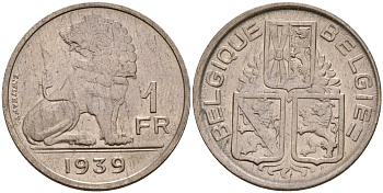 Бельгия 1 франк 1939 Belgie-Belgique, Леопольд III (1934-1947) KM 120 никель 190-712