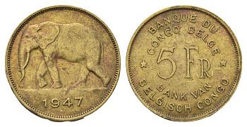 Бельгийское Конго 5 франков 1947 слон, Леопольд III, год тип KM 29 латунь 4127-1811