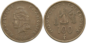 Французская Новая Каледония 100 франков 2004 хижина среди сосен и пальм, (IEOM) KM 15, Schoen 16, Lec 139h никель бронза 111-413