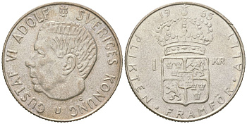 Швеция 1 крона 1965 U, Густав VI Адольф (1950-1973) KM 826 серебро aUNC 68-744