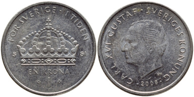 Швеция 1 крона 2008 Карл XVI Густав (1973- ) KM 894 медно-никель 87-233