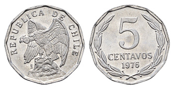Чили 5 сентаво 1976 год-тип KM 204a алюминий UNC 4620-246