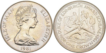 Остров Мэн 1 крона 1981 приз герцога Эдинбургского, альпинизм, плавание, уход за больными KM 75 медно-никель UNC 118-335