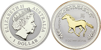 Австралия 1 доллар 2002 восточный календарь, год лошади, позолота серебро PROOF 1066-3-23