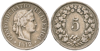 Швейцария 5 раппенов 1912 B KM 26 медно-никель 4160-529