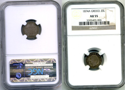Греция 20 лепта 1874 А, король Георг I (1863-1913), в слабе NGC AU 55 KM 44 серебро  UNC  15-004-11