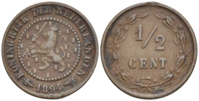 НИДЕРЛАНДЫ 1/2 ЦЕНТА 1894 ВИЛЬГЕЛЬМИНА I (1891-1948) KM 109 бронза 4547-1235