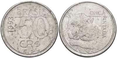 БРАЗИЛИЯ 50 КРУЗЕЙРО РЕАЛ 1993 РЕФОРМА 1993-1994, ЯГУАР KM 629 нержавеющая сталь 4388-333