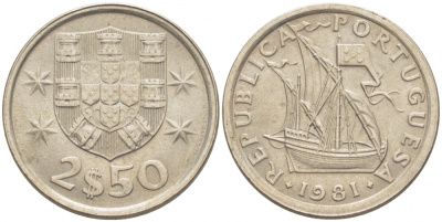 ПОРТУГАЛИЯ 2,5 ЭСКУДО 1981 ПАРУСНИК KM 590 медно-никель UNC 3718-325