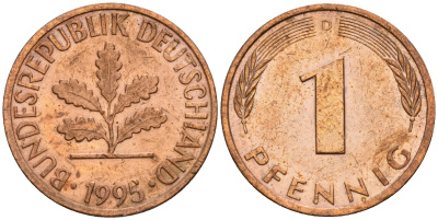ФРГ 1 пфенниг 1995 D KM 105, J. 380 сталь плакированная медью    4598-716