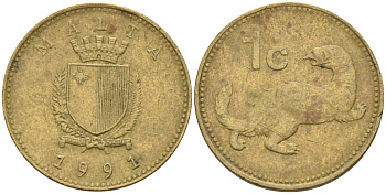 Мальта 1 цент 1991 ласка, горностай KM 93 никель латунь 4585-1152