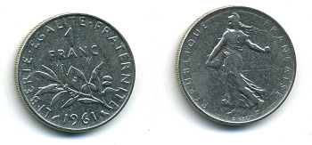 ФРАНЦИЯ 1 ФРАНК 1961 СЕЯТЕЛЬ KM 925.1 никель 57-1323