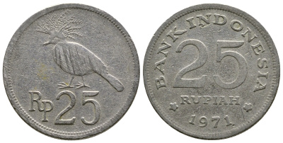 Индонезия 25 рупий 1971 венценосный голубь KM 34 медно-никель 4384-143