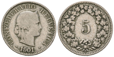 Швейцария 5 раппенов 1901 B KM 26 медно-никель 39-141