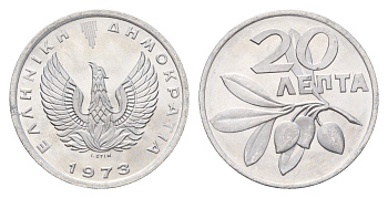 Греция 20 лепт 1973 Константин II (1964-1974), феникс в огне, оливковая ветвь KM 105 алюминий UNC 4668-1253