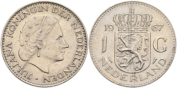 Нидерланды 1 гульден 1967 Юлиана (1948-1980) KM 184а никель 4171-111