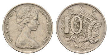 Австралия 10 центов 1967 Елизавета II (1952-2022), птица лирахвост KM 65 медно-никель 4671-452