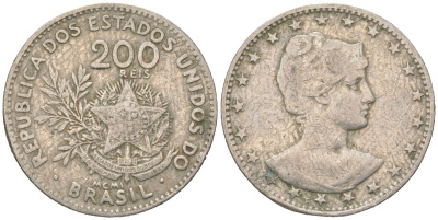 Бразилия 200 реалов 1901 MCMI, голова свободы вправо KM 504 медно-никель 4612-247