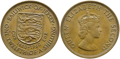 Джерси 1/12 шиллинга 1960 Елизавета II (1952-2022), 300 лет вступления на престол короля Карла II KM 23 бронза 51-5726