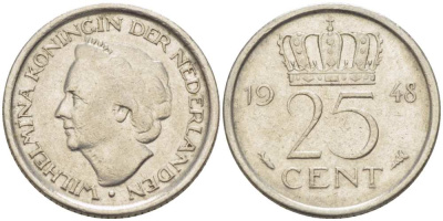 НИДЕРЛАНДЫ 25 ЦЕНТОВ 1948 ВИЛЬГЕЛЬМИНА (1890-1948) KM 178 никель 3309-352