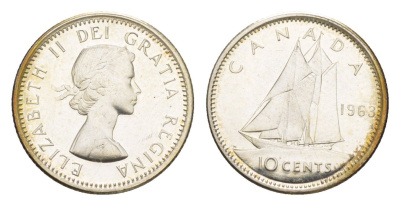 Канада 10 центов 1963 Елизавета II (1952-2022), парусник KM 51 серебро UNC 4630-1231