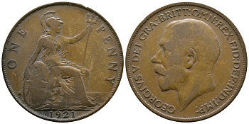 Великобритания 1 пенни 1921 Георг V (1910-1936) KM 810, Spink 4051 бронза    08-732