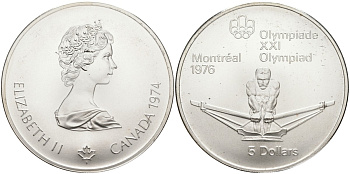 Канада 5 долларов 1974 XXI летние Олимпийские игры в Монреале 1976 года, гребля KM 91 серебро UNC 1525-511