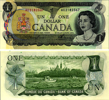 Канада 1 доллар 1973 Елизавета II (1952- ), здание парламента на реке Оттава, Lawson-Bouey, серии 2 буквы Pick 85 a (1)  бумага UNC (пресс) 7221-66-2