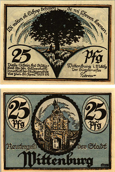 ВИТТЕНБЕРГ 25 ПФЕННИГОВ 1922 НОТГЕЛЬД, МАЙ 1922 - 30 АПРЕЛЯ 1922, ЗЕМЛЯ САКСОНИЯ-АНХАЛЬТ Grabowski 1445.1 бумага 8608-10-2-2