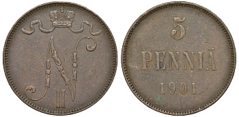 Россия для Финляндии 5 пенни 1901 Биткин 445 медь 51-1234