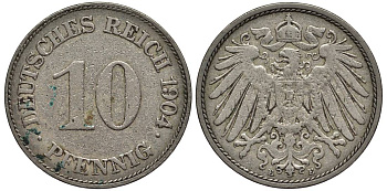 ГЕРМАНИЯ 10 ПФЕННИГОВ 1904 E KM 12, Jager 13, Weege 8 медно-никель 219-415
