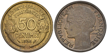Франция 50 сантимов 1938 KM 894.1, Le Franc 192.15 алюминиевая бронза 4596-811