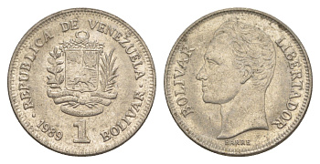 Венесуэла 1 боливар 1989 Симон Боливар, тонкий шрифт Y 52a.1 сталь плакированная никелем 4589-954