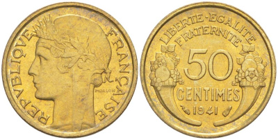 ФРАНЦИЯ 50 САНТИМОВ 1941 ТИП MORLON KM 894.1, LE FRANC 192.18 алюминиевая бронза 44-549