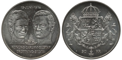 Швеция 50 крон 1976 U, королевская свадьба Карла XVI и королевы Сильвии KM 854 серебро UNC 4552-734