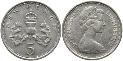 Великобритания 5 пенсов 1970 Елизавета II (1952-2022) KM 911, Spink 4233 (D1) медно-никель 65-947