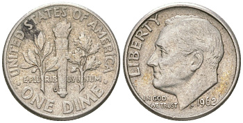 США 10 центов (дайм) 1962 D, президент Рузвельт KM 195 серебро 4564-534