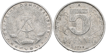 ГДР 5 ПФЕННИГОВ 1968 А KM 9.1 алюминий 75-1157