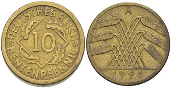 ГЕРМАНИЯ 10 РЕНТЕНПФЕННИГОВ 1924 A KM 33, J.309, Weege 8 алюминиевая бронза 202-244