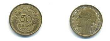 ФРАНЦИЯ 50 САНТИМОВ 1938 KM 894.1 алюминиевая бронза 80-863