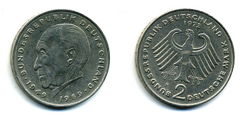 ФРГ 2 марки 1972 F, Конрад Аденауэр KM 124, J. 406 медно-никель плакированный никелем 29-434