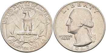 США 25 центов (квотер) 1967 Вашингтон KM 164a медь плакированная медно-никелем 4525-852