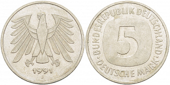 ФРГ 5 МАРОК 1991 J, KM 140.1 медно-никель плакированный никелем 115-823