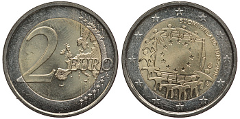Финляндия 2 евро 2015 30 лет флагу Евросоюза KM 100 биметалл UNC 4397-551