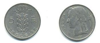 БЕЛЬГИЯ 5 ФРАНКОВ 1962 BELGIE KM 143.1 медно-никель 3999-843